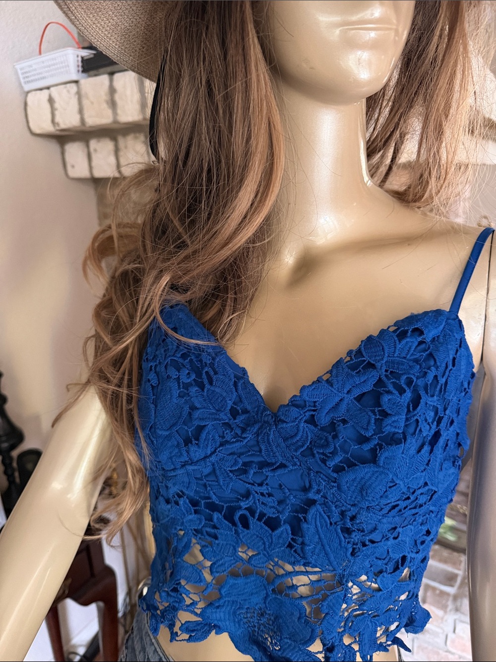 Lace Crochet Cami Crop Top - Blue